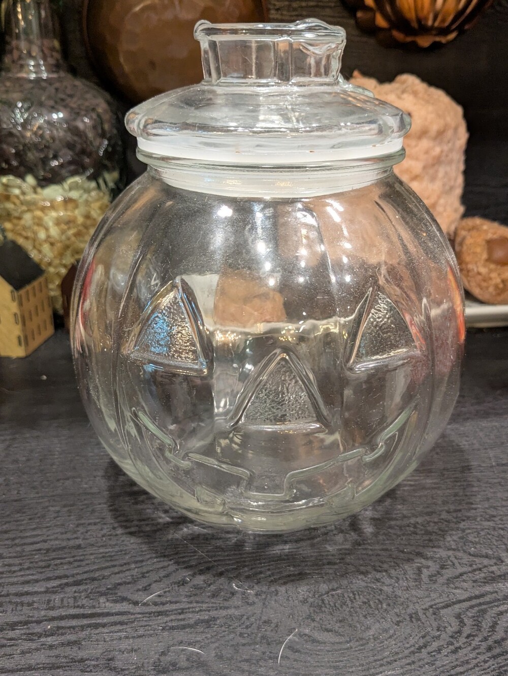 Vintage Libbey Glass Pumpkin Jack-O'-Lantern Lidded Candy Jar
